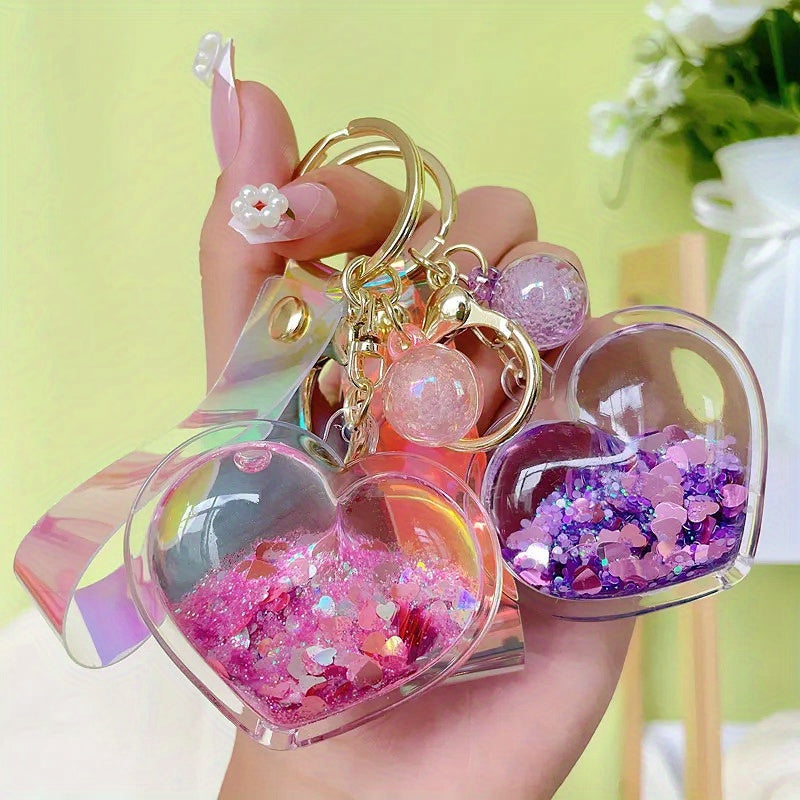Acrylic Heart-Shaped Keychain with Quicksand Glitter, Trendy Fashion Bag Accessory, Exquisite Cute Keyring with Love Theme